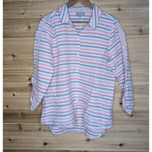 Habitat Top Womens Large Pink Stripe Button Front Blouse Art